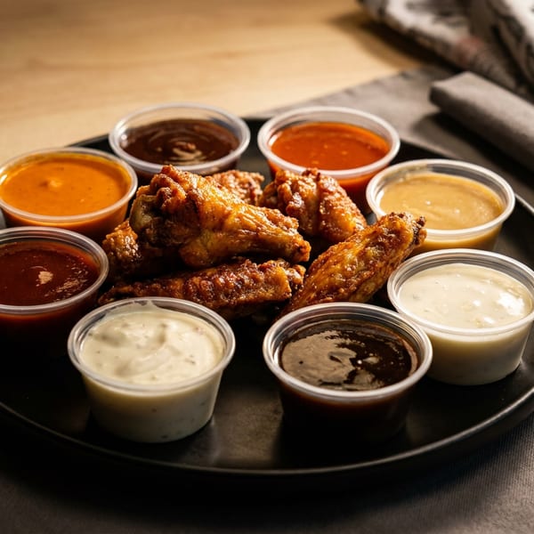 Crispy chicken wings on a black plate, surrounded by eight small cups of various dipping sauces.