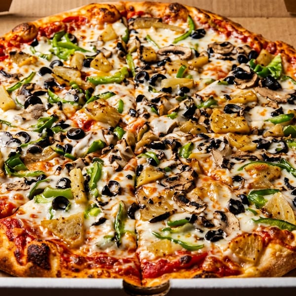 A whole pizza with green peppers, black olives, mushrooms, and pineapple in a cardboard box.