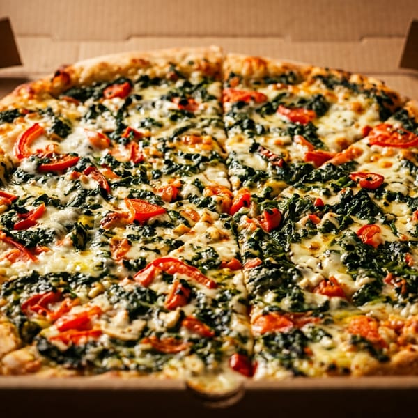 Freshly baked pizza with spinach, tomatoes, and melted cheese in a cardboard delivery box.