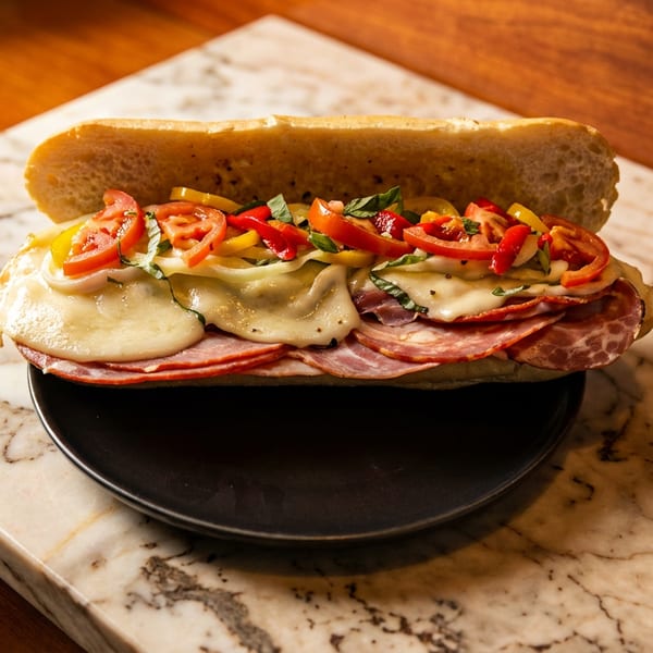 A large Italian sub sandwich with melted cheese, salami, tomatoes, and peppers on a marble surface.