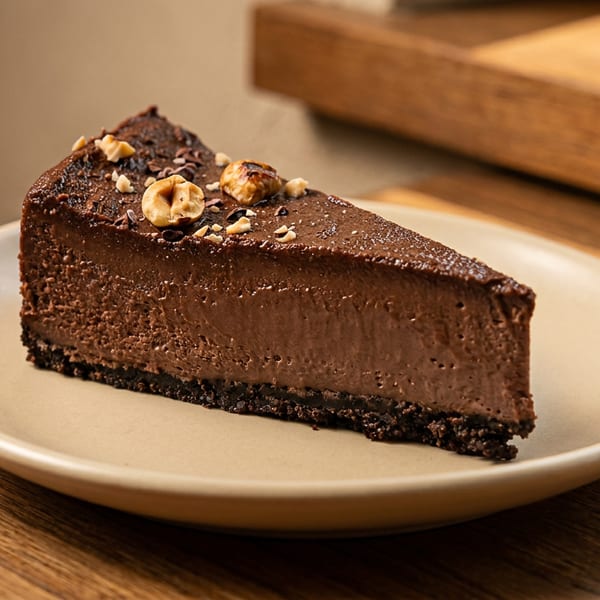 Slice of dark chocolate cheesecake with a cookie crust, topped with hazelnuts and cocoa nibs.