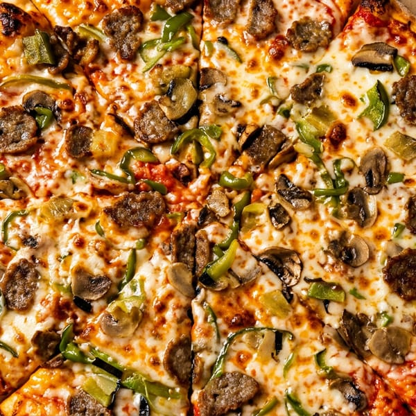 A whole pizza with sausage, green peppers, and mushrooms in a cardboard box.